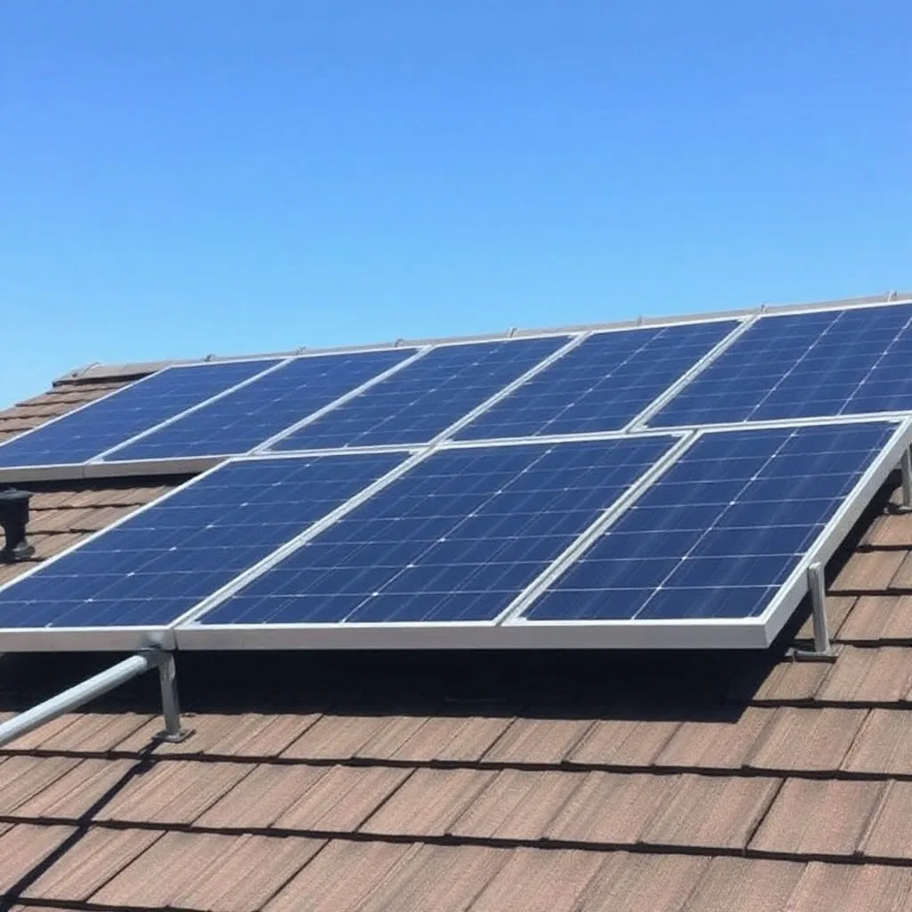 Solar maintenance technician checking rooftop panels and mounting hardware