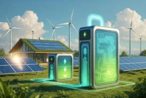 Clean energy storage system with modern home batteries connected to solar panels and wind turbines