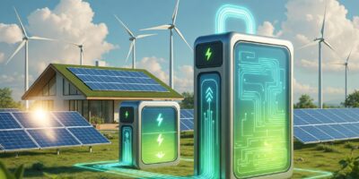 Clean energy storage system with modern home batteries connected to solar panels and wind turbines