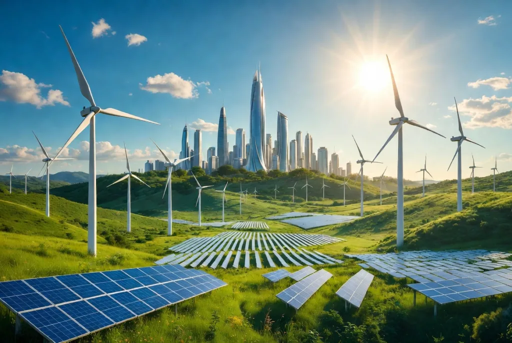 Clean energy future with solar panels, wind turbines and a sustainable futuristic green city