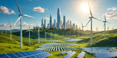 Clean energy future with solar panels, wind turbines and a sustainable futuristic green city