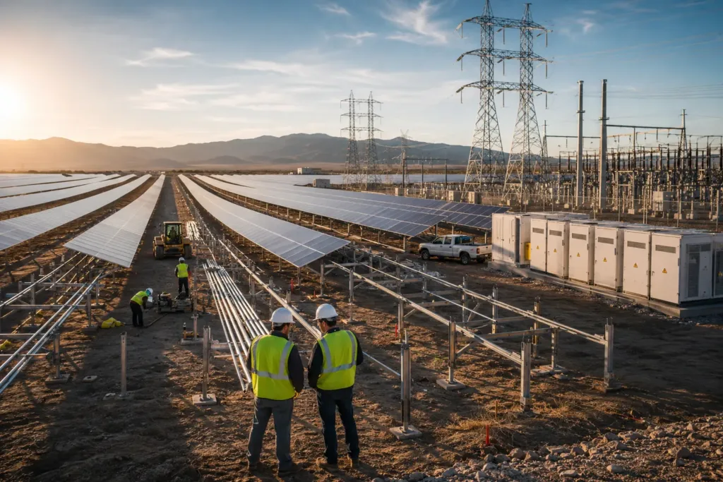 Engineers inspecting utility-scale solar farm panels at sunrise.