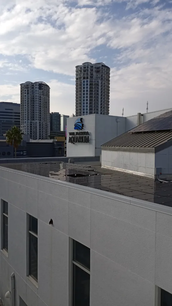 Solar panel array installed on a flat commercial rooftop