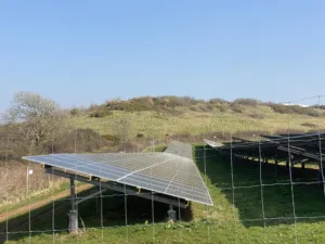 Ground-mounted solar panel array in an open field