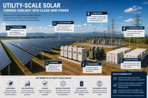 Utility-Scale Solar power plant with solar trackers and battery storage