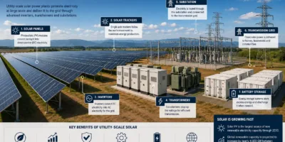 Utility-Scale Solar power plant with solar trackers and battery storage
