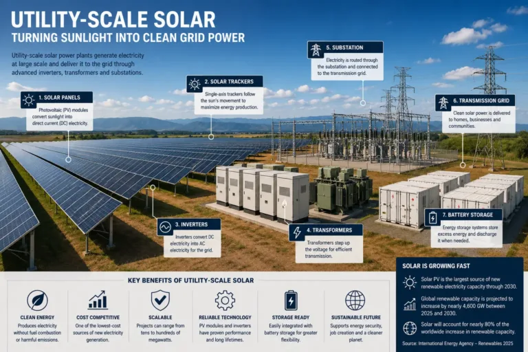 Utility-Scale Solar power plant with solar trackers and battery storage