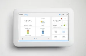 Home energy monitoring dashboard display showing real-time usage