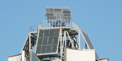 Rooftop photovoltaic panels on a residential building
