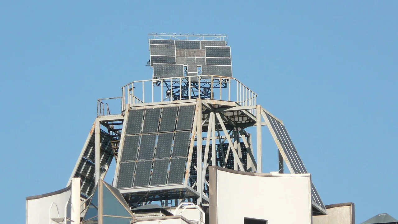 Rooftop photovoltaic panels on a residential building