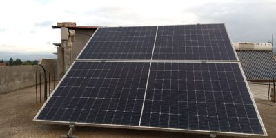 Residential rooftop photovoltaic array on a house