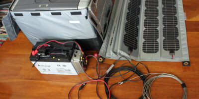 Flexible solar panel mounted on an RV roof for camper solar power
