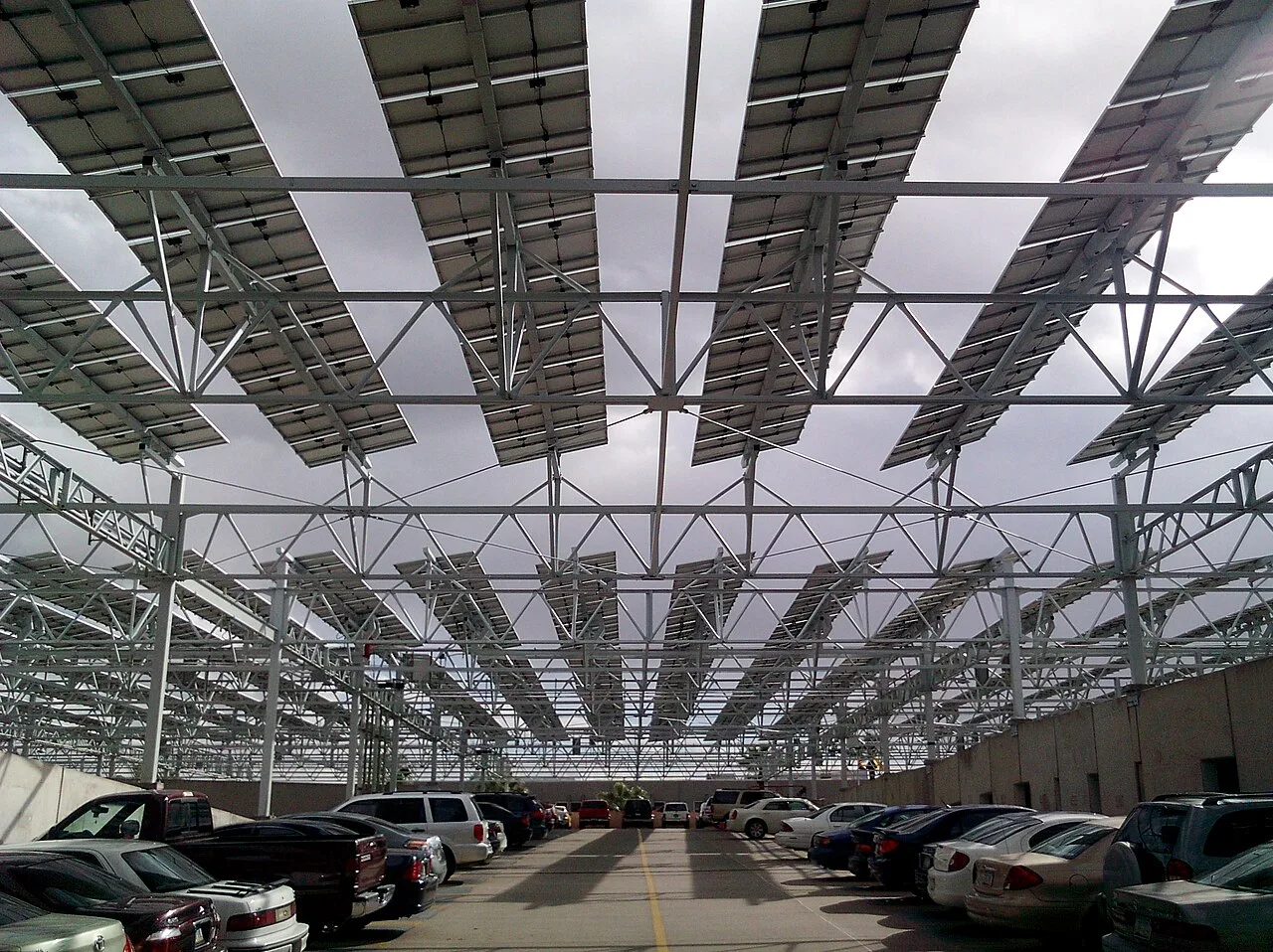 Solar canopy generating electricity over a parking area